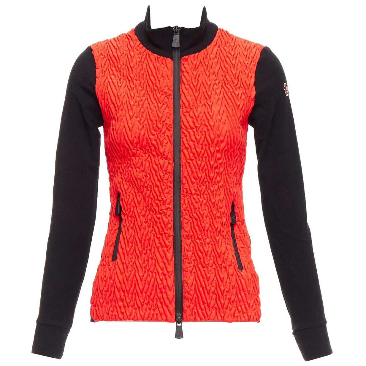 MONCLER leuchtend rot orange Chevron Plissee Front Logo Arm Zip ausgestattet Jacke XS