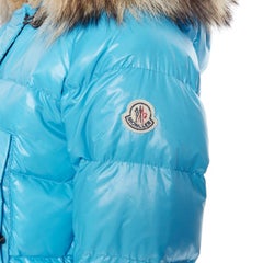 MONCLER brown fur lined hood blue down feather cropped puffer jacket US0 XS