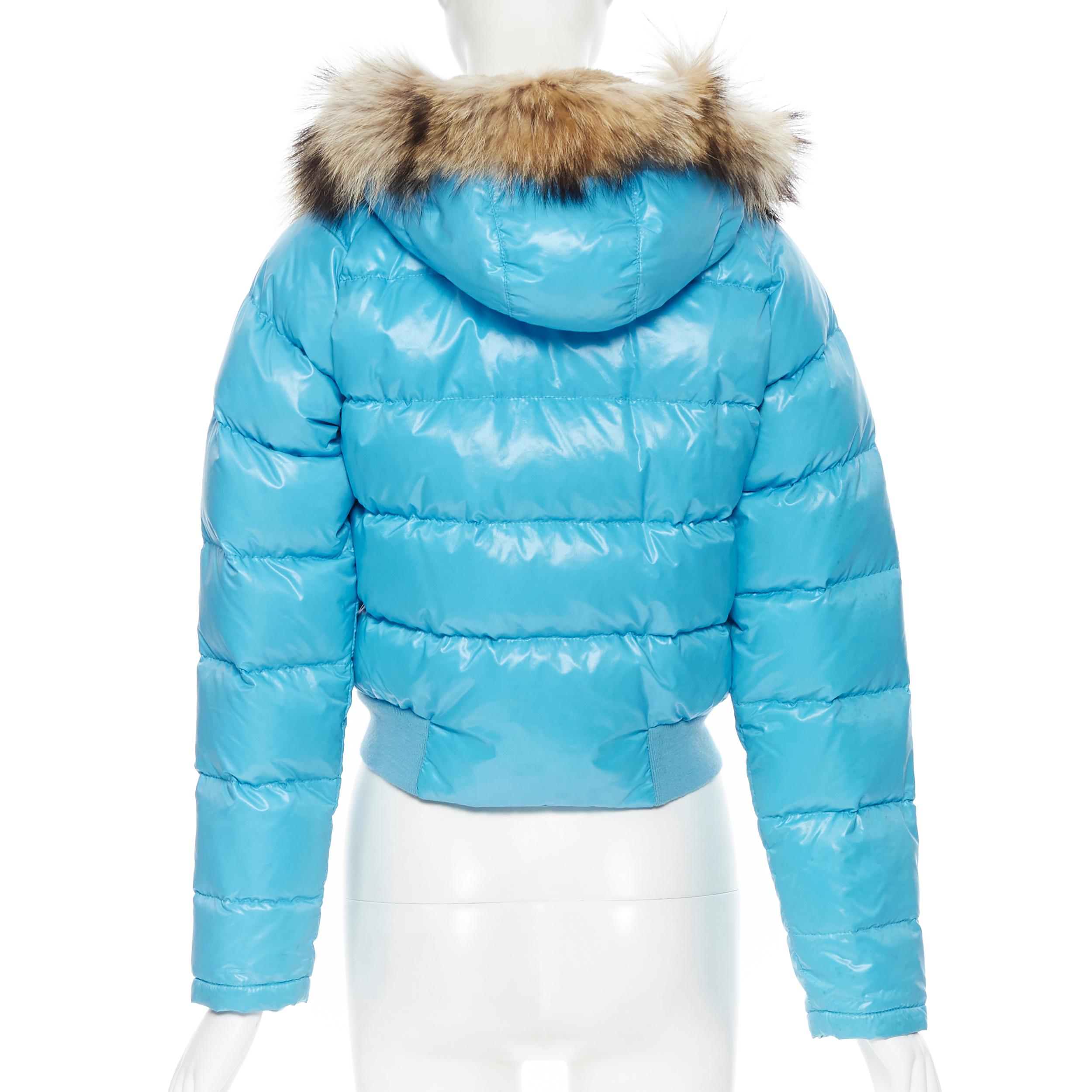 Blue MONCLER brown fur lined hood blue down feather cropped puffer jacket US0 XS