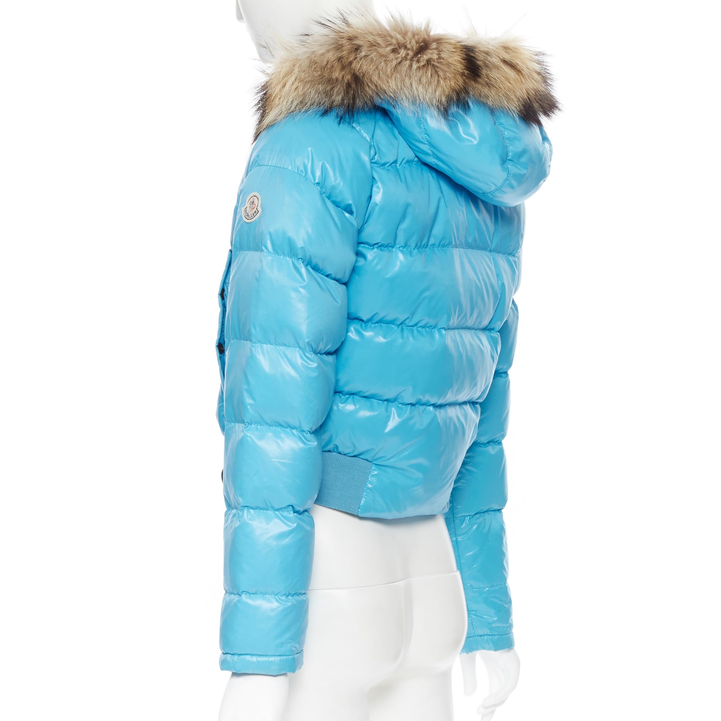 MONCLER brown fur lined hood blue down feather cropped puffer jacket US0 XS In Fair Condition In Hong Kong, NT