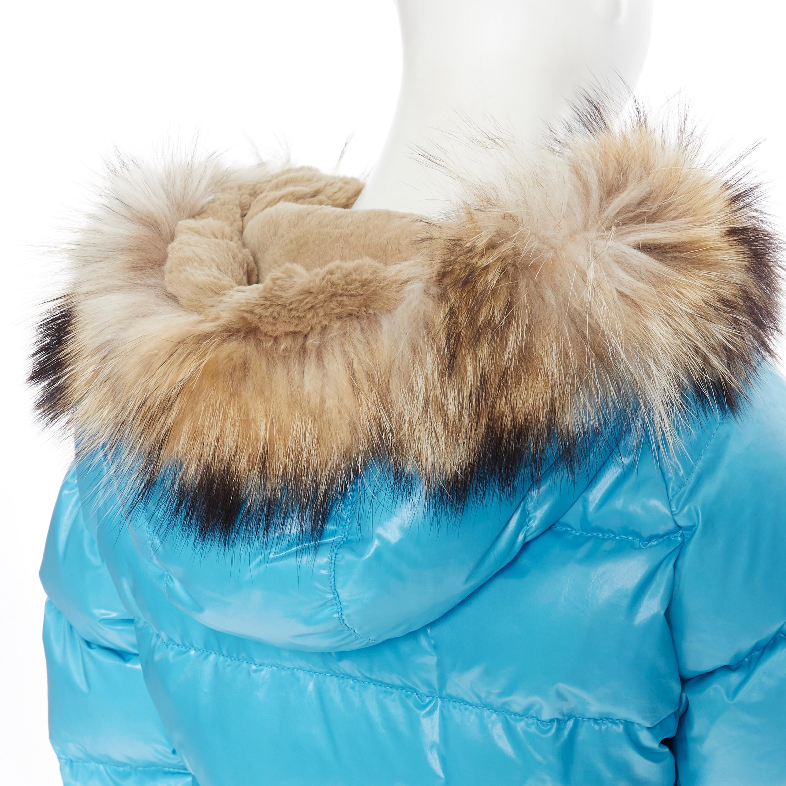 MONCLER brown fur lined hood blue down feather cropped puffer jacket US0 XS 1