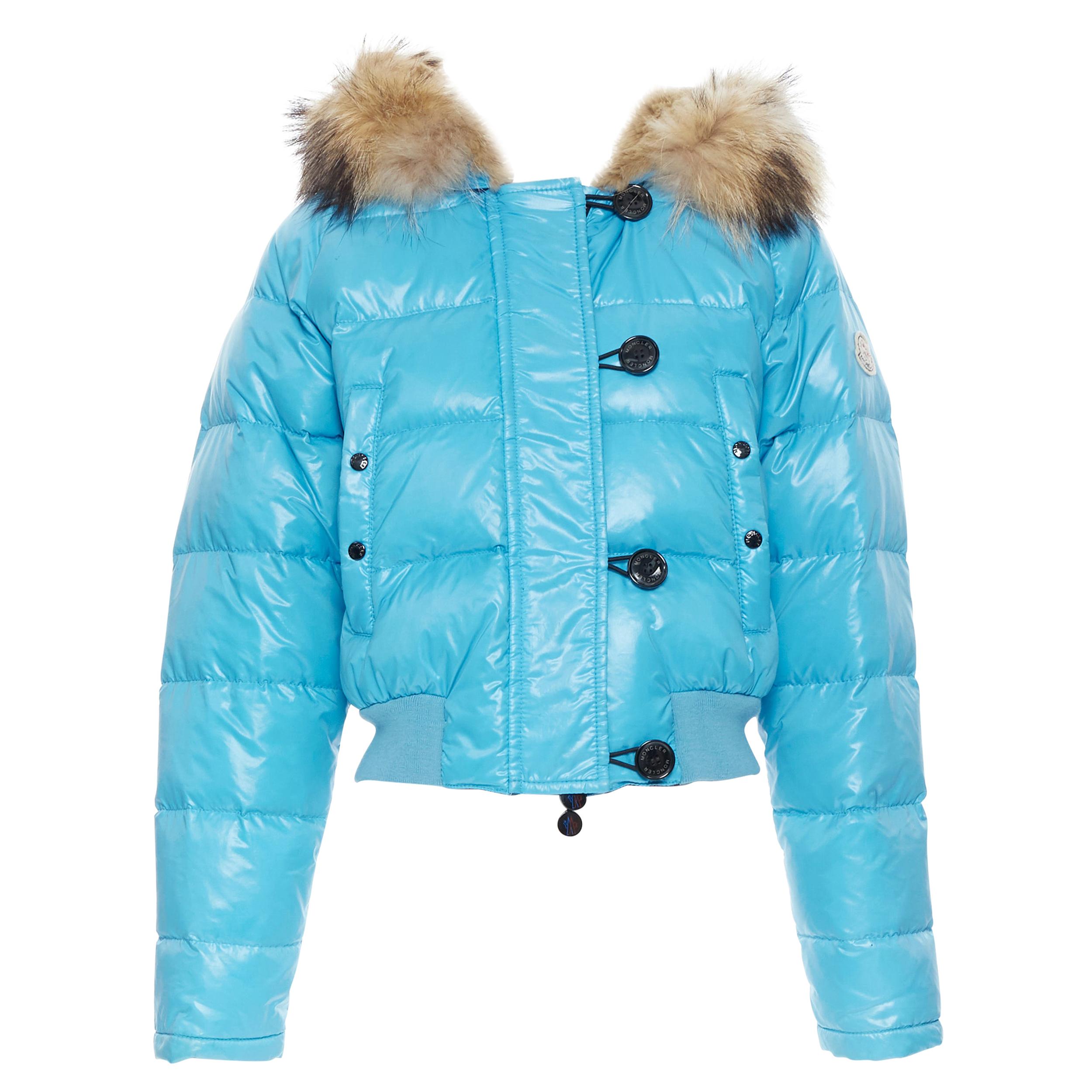 MONCLER brown fur lined hood blue down feather cropped puffer jacket ...