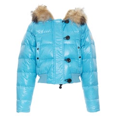 Used MONCLER brown fur lined hood blue down feather cropped puffer jacket US0 XS
