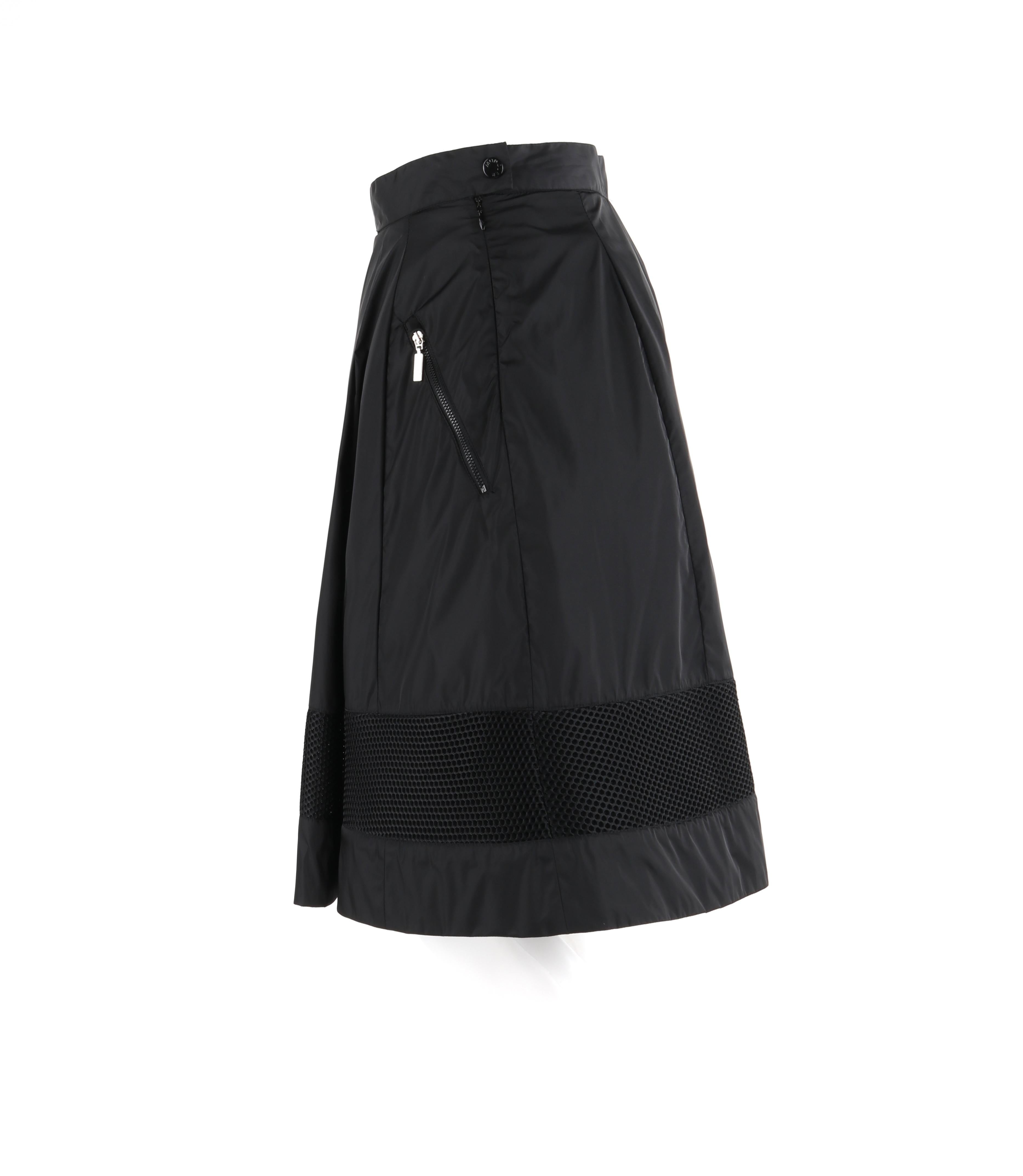 MONCLER c.2009 Nylon Black Mesh Stripe Zip Pocket Pleated Knee Length Skirt For Sale 1