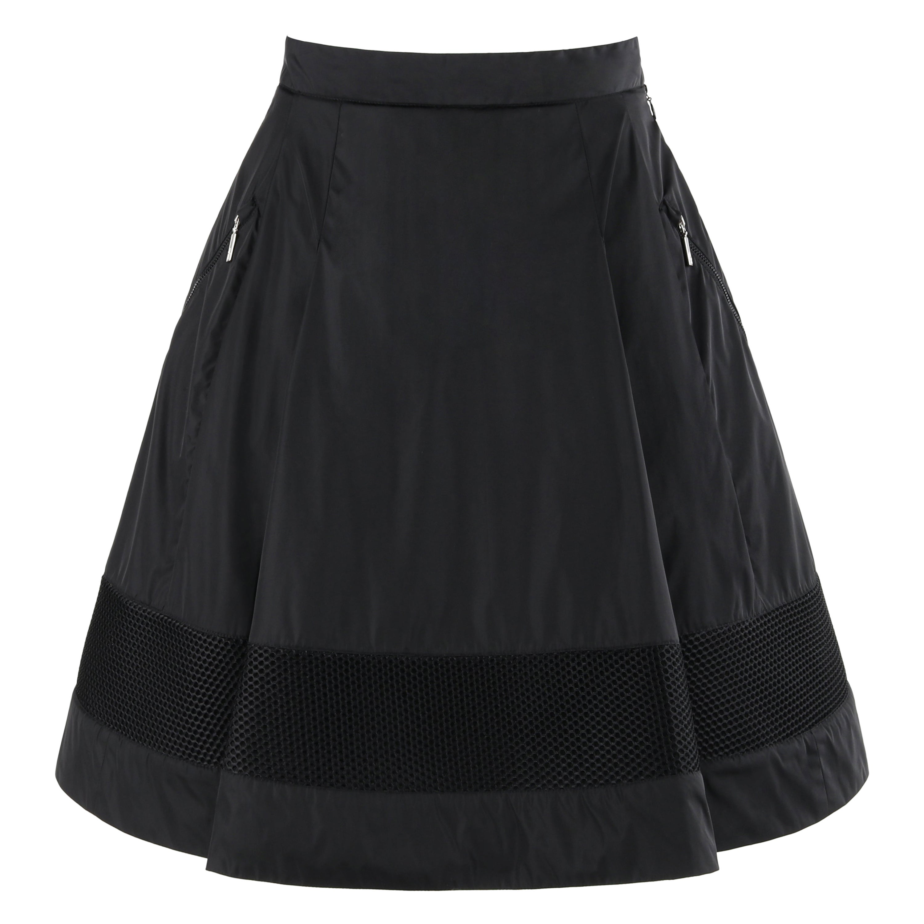 MONCLER c.2009 Nylon Negro Rayas de Malla Bolsillo con Cremallera Falda Plisada a la Rodilla en venta