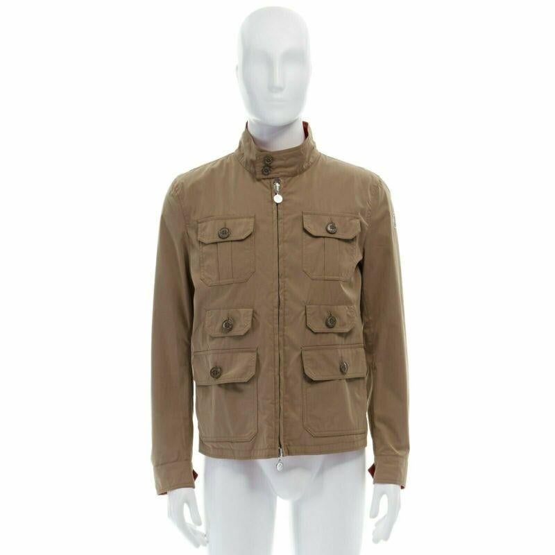 MONCLER Colisee, giacca da campo reversibile in cotone beige con tasca a patta e foderata in nylon rosso in vendita 7