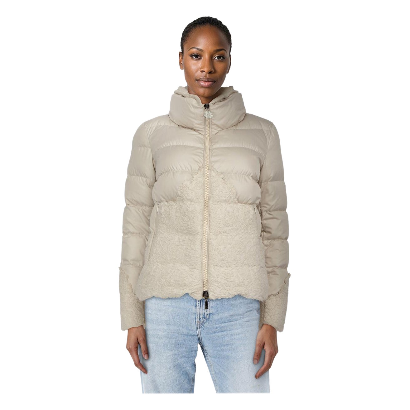 Moncler Ecru Embroidered Panel Puffer Coat Size S For Sale