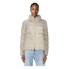 Moncler Ecru Embroidered Panel Puffer Coat Size S