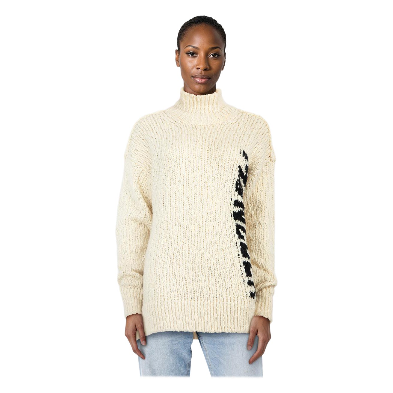 Moncler - Pull à col montant avec logo en maille écrue, taille S en vente