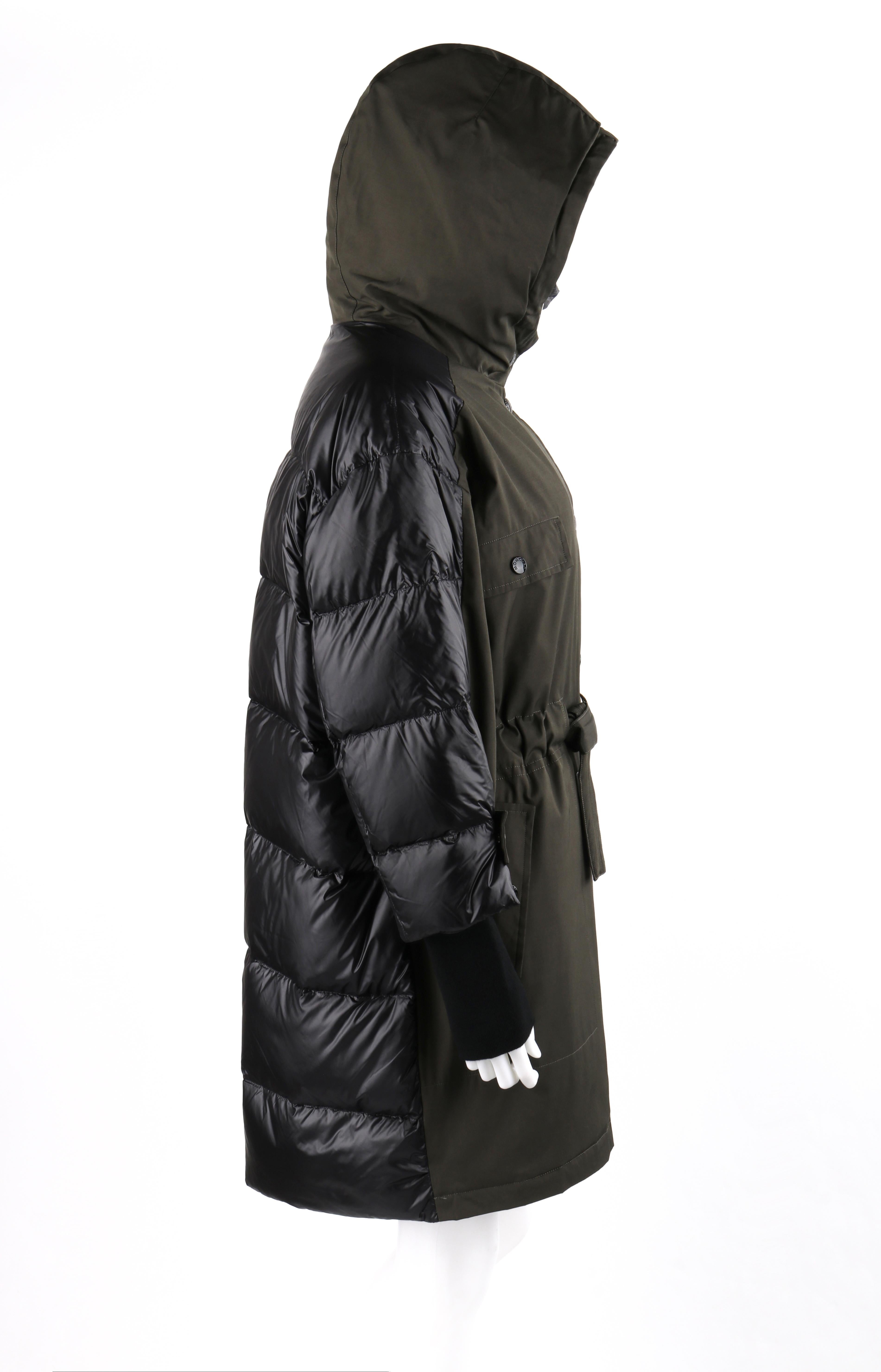 Women's MONCLER F/W 2018 “Ocean Giubbotto” Olive Black Puffer Layer Belted Hooded Jacket For Sale