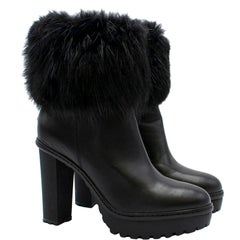 Moncler Fur Trimmed Black Cleated Sole Platform Boots US 8
