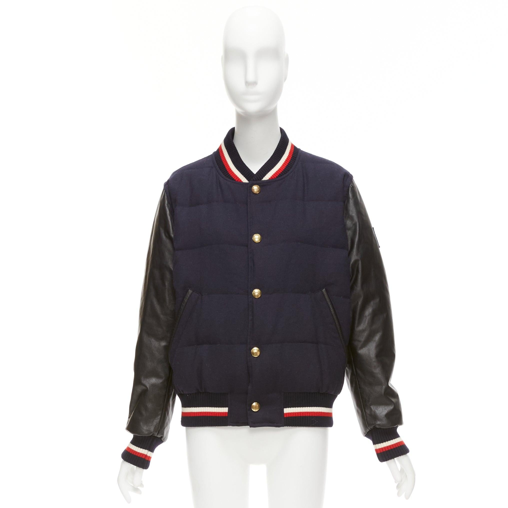 MONCLER GAMME BLEU navy wool leather sleeves goose down bomber jacket Sz2 M For Sale 7