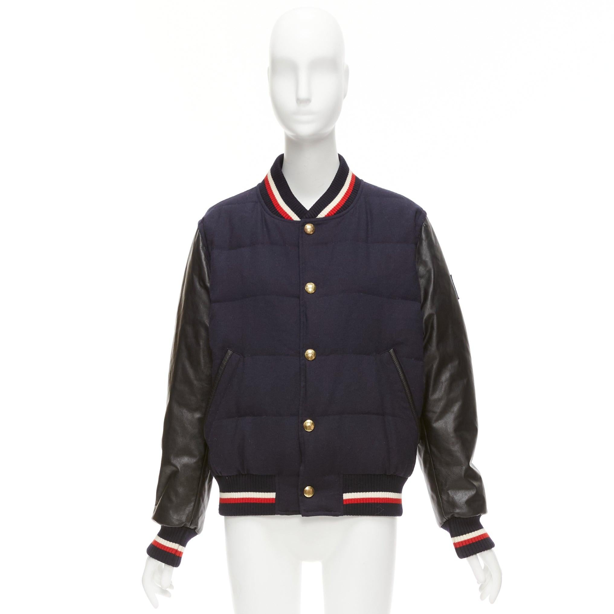 MONCLER GAMME BLEU navy wool leather sleeves goose down bomber jacket Sz2 M For Sale 6