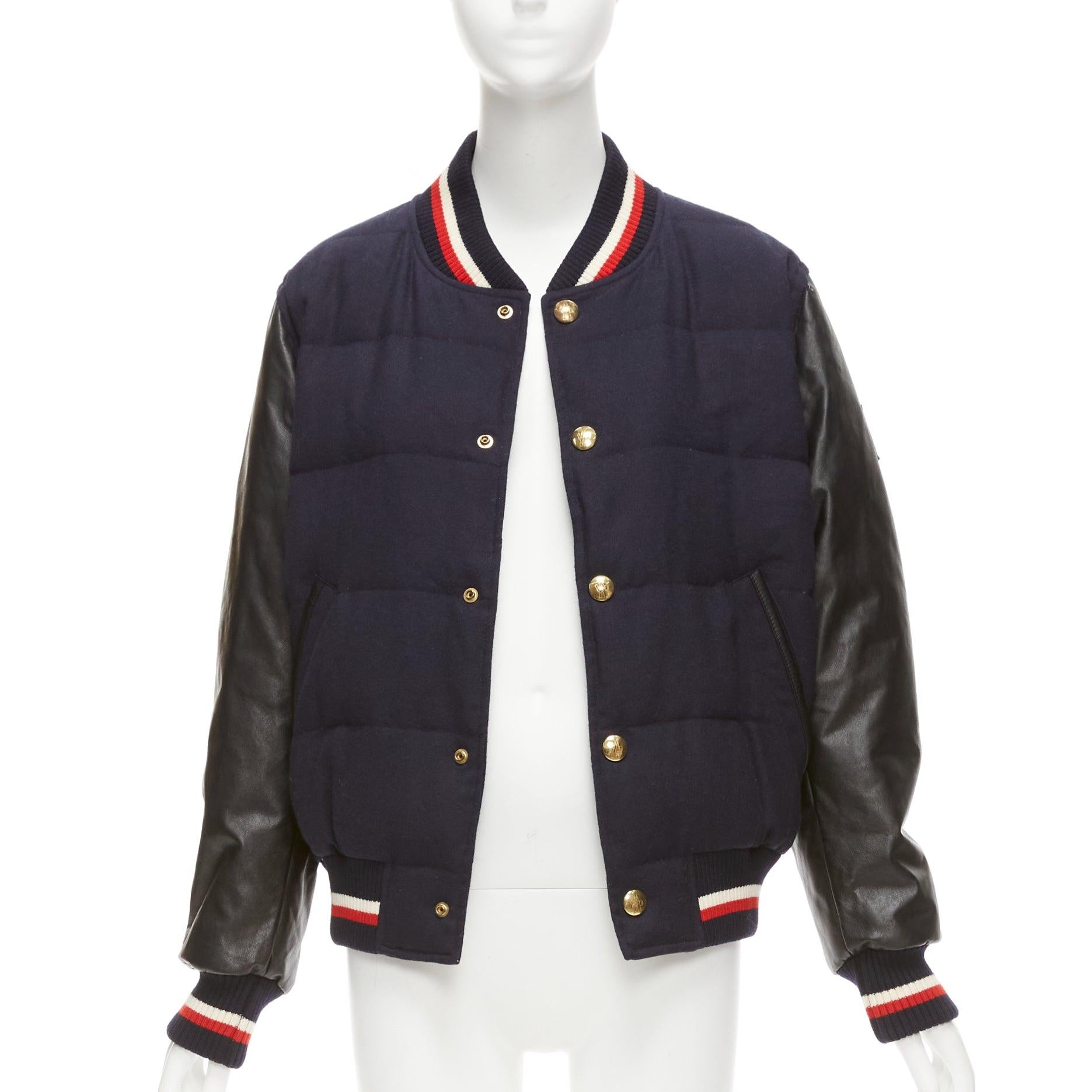 MONCLER GAMME BLEU navy wool leather sleeves goose down bomber jacket Sz2 M In Good Condition For Sale In Hong Kong, NT