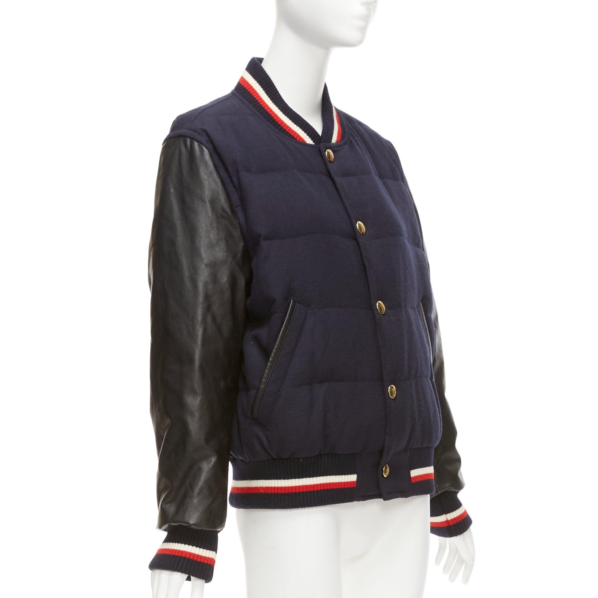 MONCLER GAMME BLEU navy wool leather sleeves goose down bomber jacket Sz2 M In Good Condition For Sale In Hong Kong, NT
