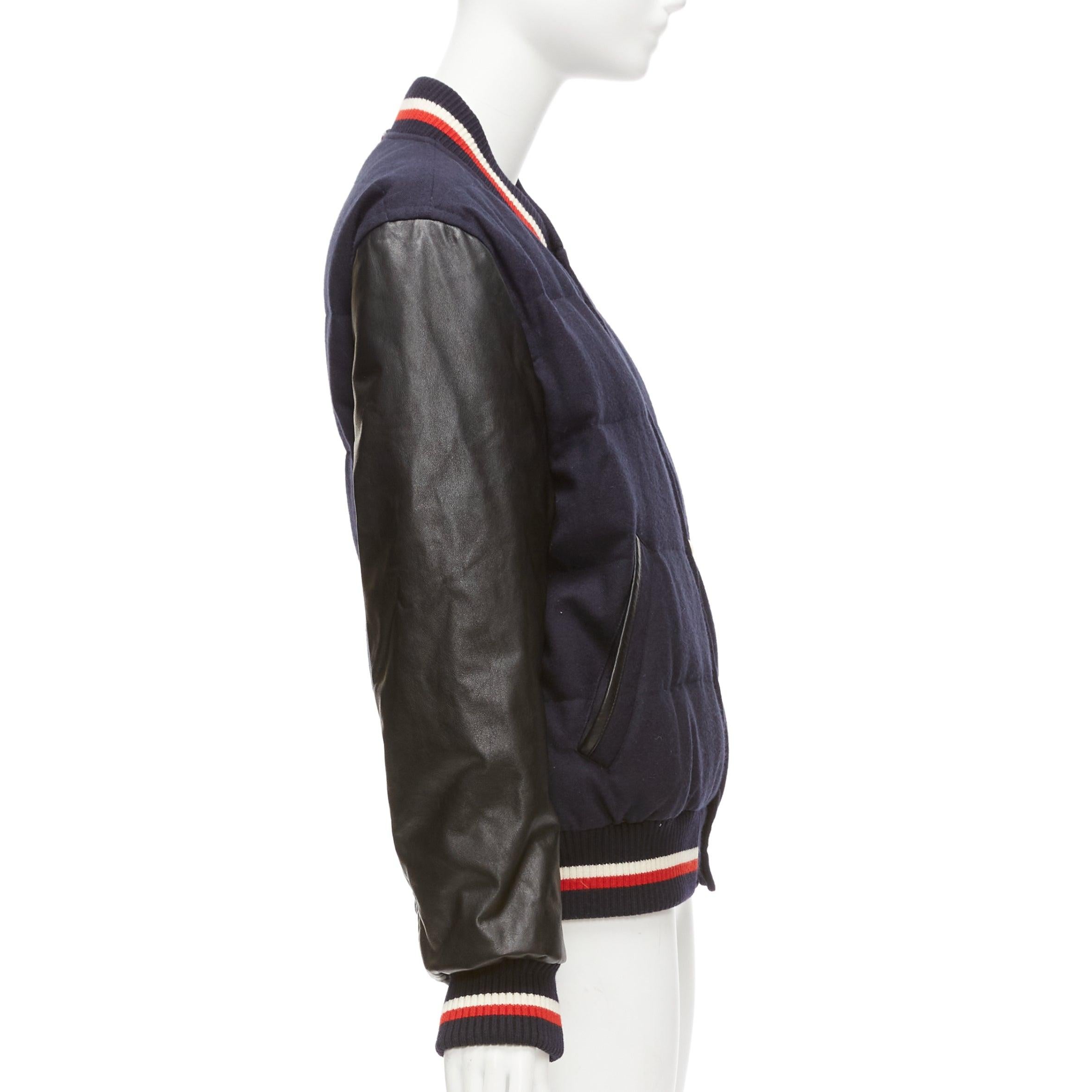 Women's MONCLER GAMME BLEU navy wool leather sleeves goose down bomber jacket Sz2 M For Sale