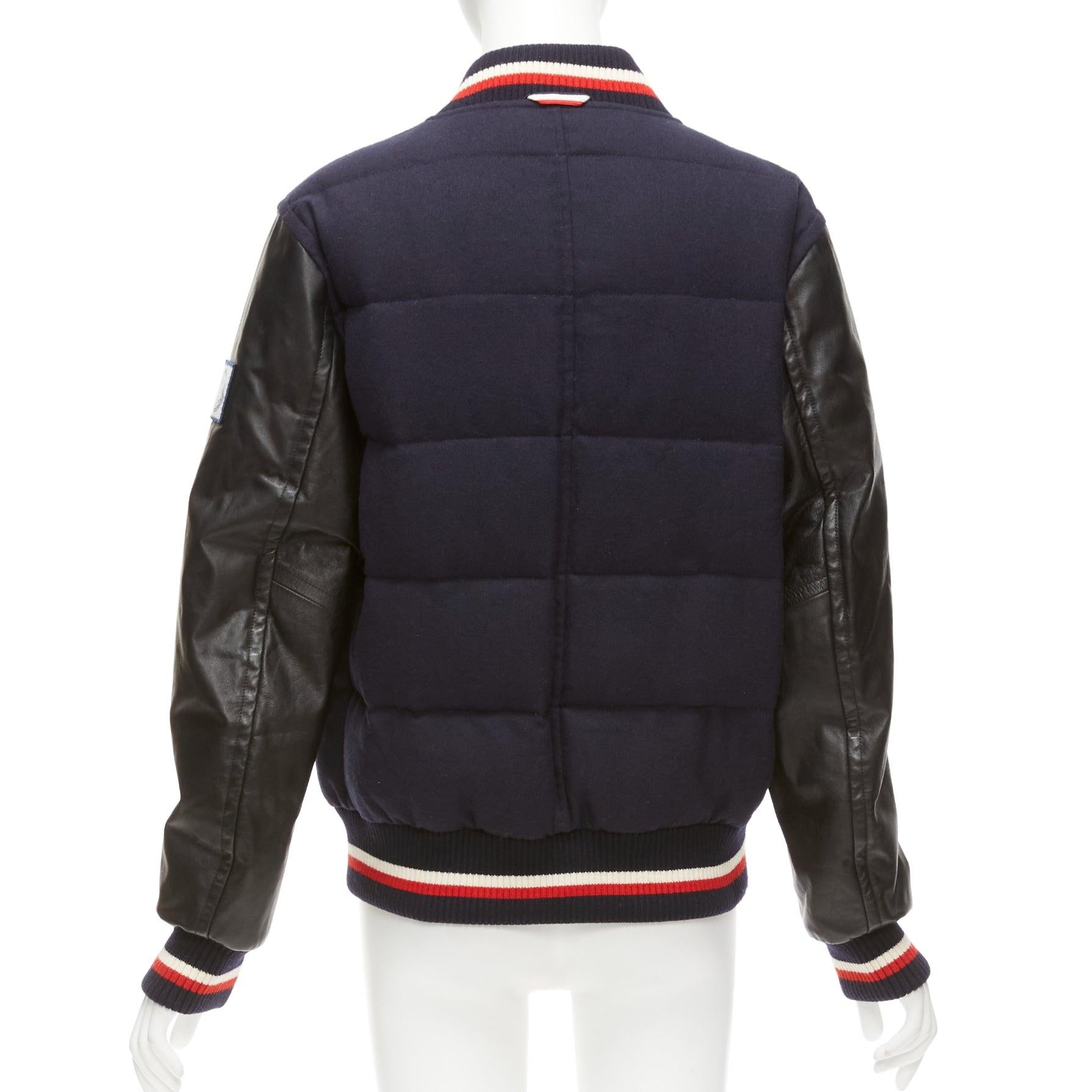 MONCLER GAMME BLEU navy wool leather sleeves goose down bomber jacket Sz2 M For Sale 2