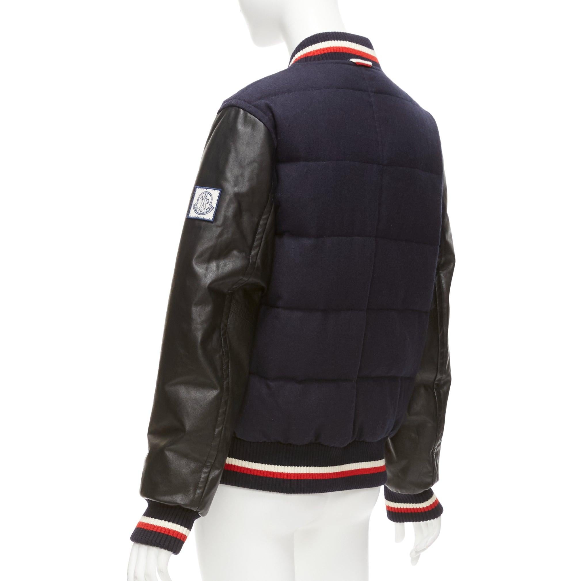 MONCLER GAMME BLEU navy wool leather sleeves goose down bomber jacket Sz2 M For Sale 3