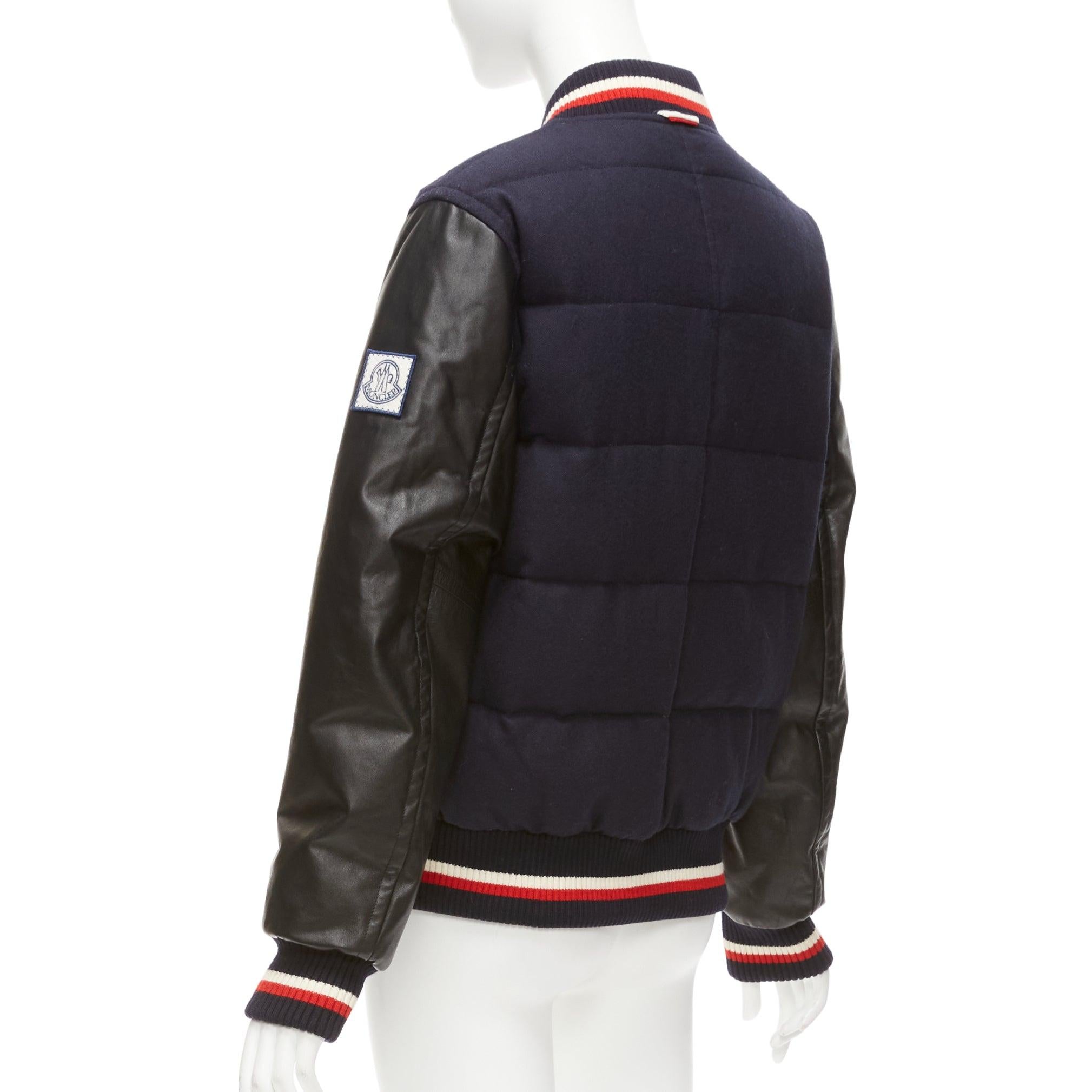 MONCLER GAMME BLEU navy wool leather sleeves goose down bomber jacket Sz2 M For Sale 2