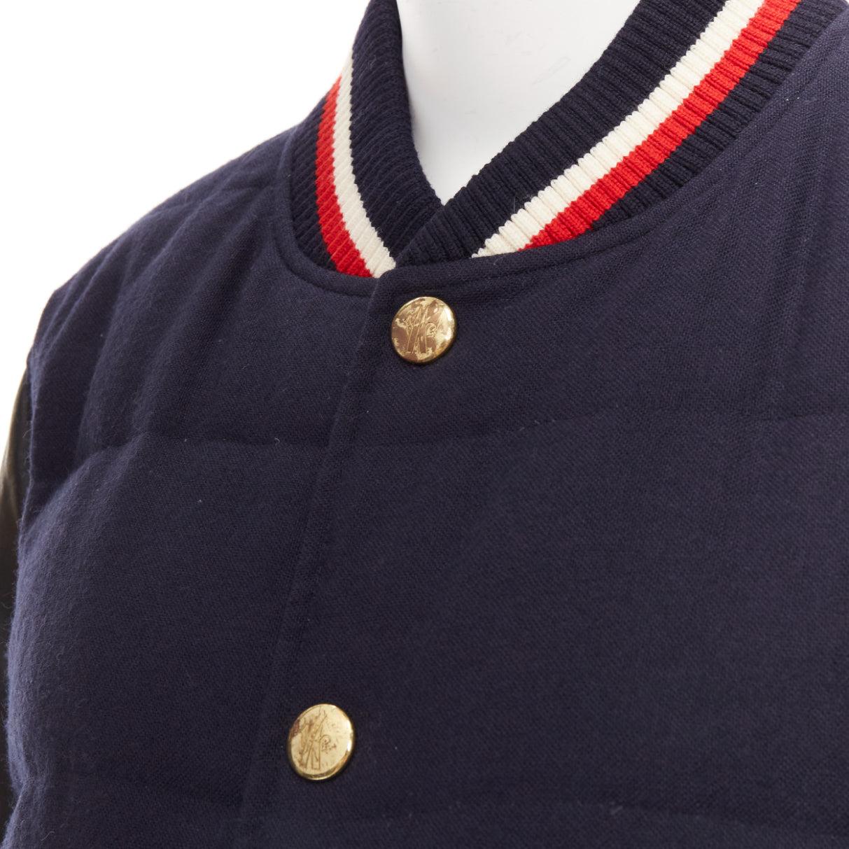 MONCLER GAMME BLEU navy wool leather sleeves goose down bomber jacket Sz2 M For Sale 3