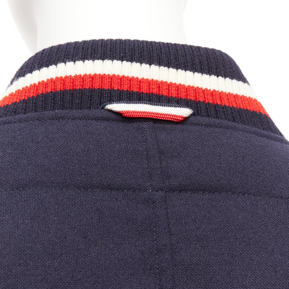MONCLER GAMME BLEU navy wool leather sleeves goose down bomber jacket Sz2 M For Sale 4