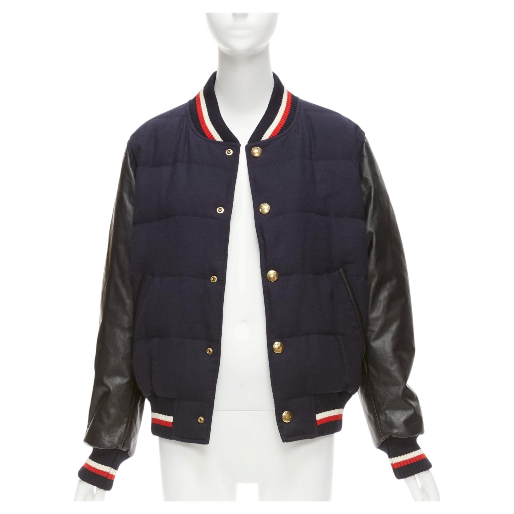 Pre-owned Moncler Gamme Bleu Navy Wool Leather Sleeves Goose Down Bomber Jacket Sz2 M In Blue