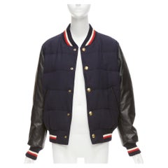 MONCLER GAMME BLEU navy wool leather sleeves goose down bomber jacket Sz2 M