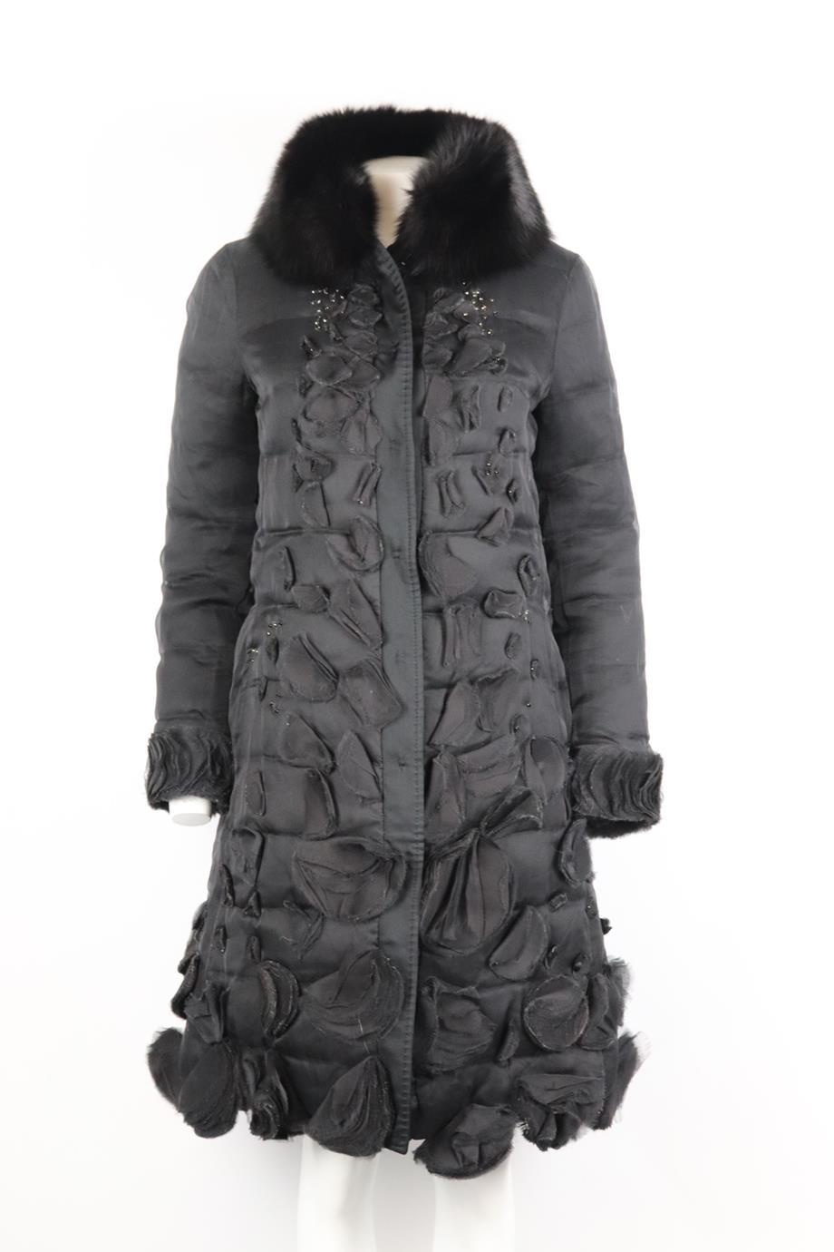 Moncler Gamme Rouge fox fur trimmed quilted silk organza down coat. Black. Long sleeve, crewneck. Snap button fastening at front. 100% Silk; lining: 88% silk, 12% polyester; filling: 100% goose down. Size: 2 (UK 10, US 6, FR 38, IT 42). Shoulder to