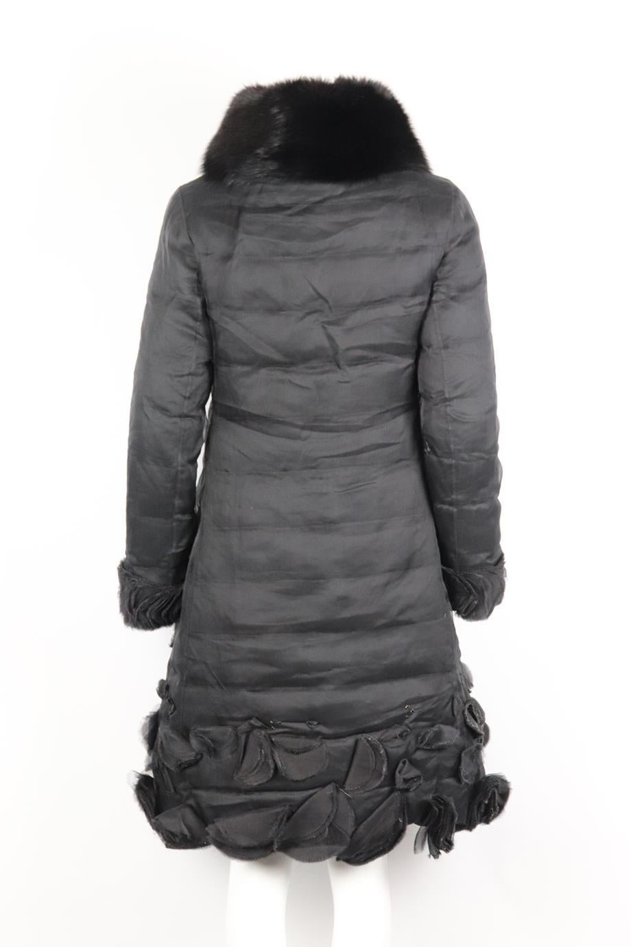 Black Moncler Gamme Rouge Fox Fur Trimmed Quilted Silk Organza Down Coat Uk 10