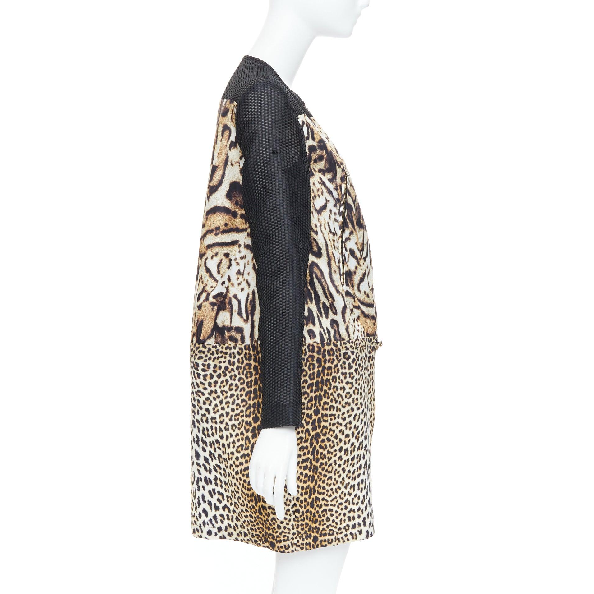 Donna Moncler Gamme Rouge Cappotto lungo in rete con stampa leopardata marrone nero Sz0 in vendita