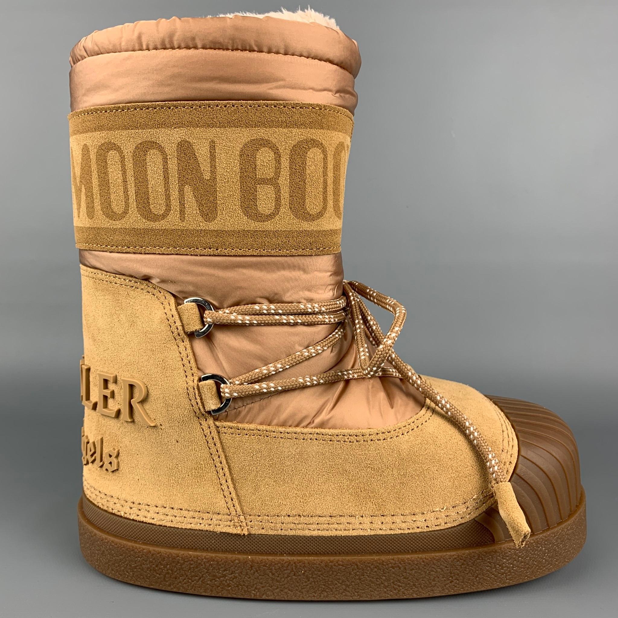 MONCLER GENIUS x Palm Angels 'Moon Boot' comes in a tan suede featuring a tonal lace up, detachable fringe, faux fur lining, bungee-style drawstring, and a rubber sole. 

New With Box. 
Marked: 3,5-4,5
Original Retail Price: