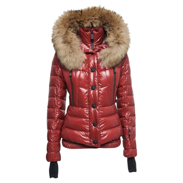 Moncler Grenoble Burgundy Quilted Fur Detail Hooded Bever Jacket S For Sale  at 1stDibs