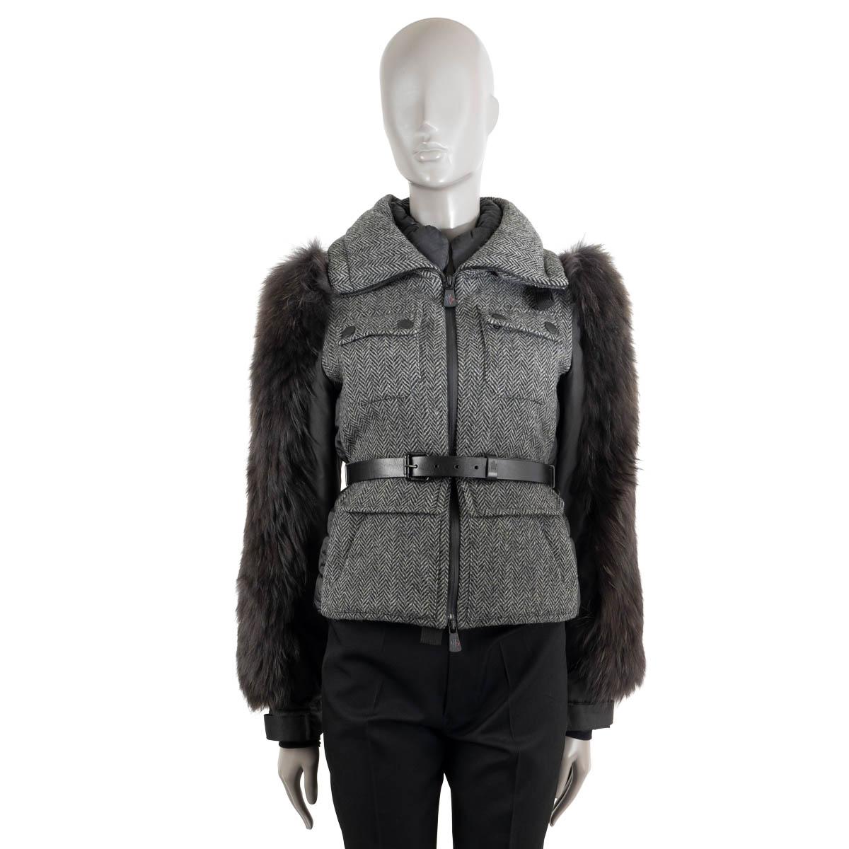 MONCLER GRENOBLE grey FUR SLEEVE HERRINGBONE TWEED Puffer Jacket 0 In Excellent Condition For Sale In Zürich, CH