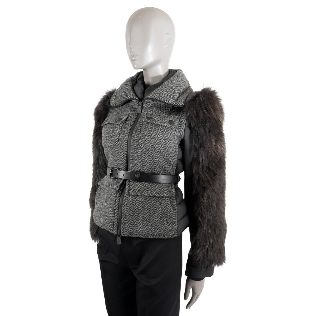 Women's MONCLER GRENOBLE grey FUR SLEEVE HERRINGBONE TWEED Puffer Jacket 0 For Sale