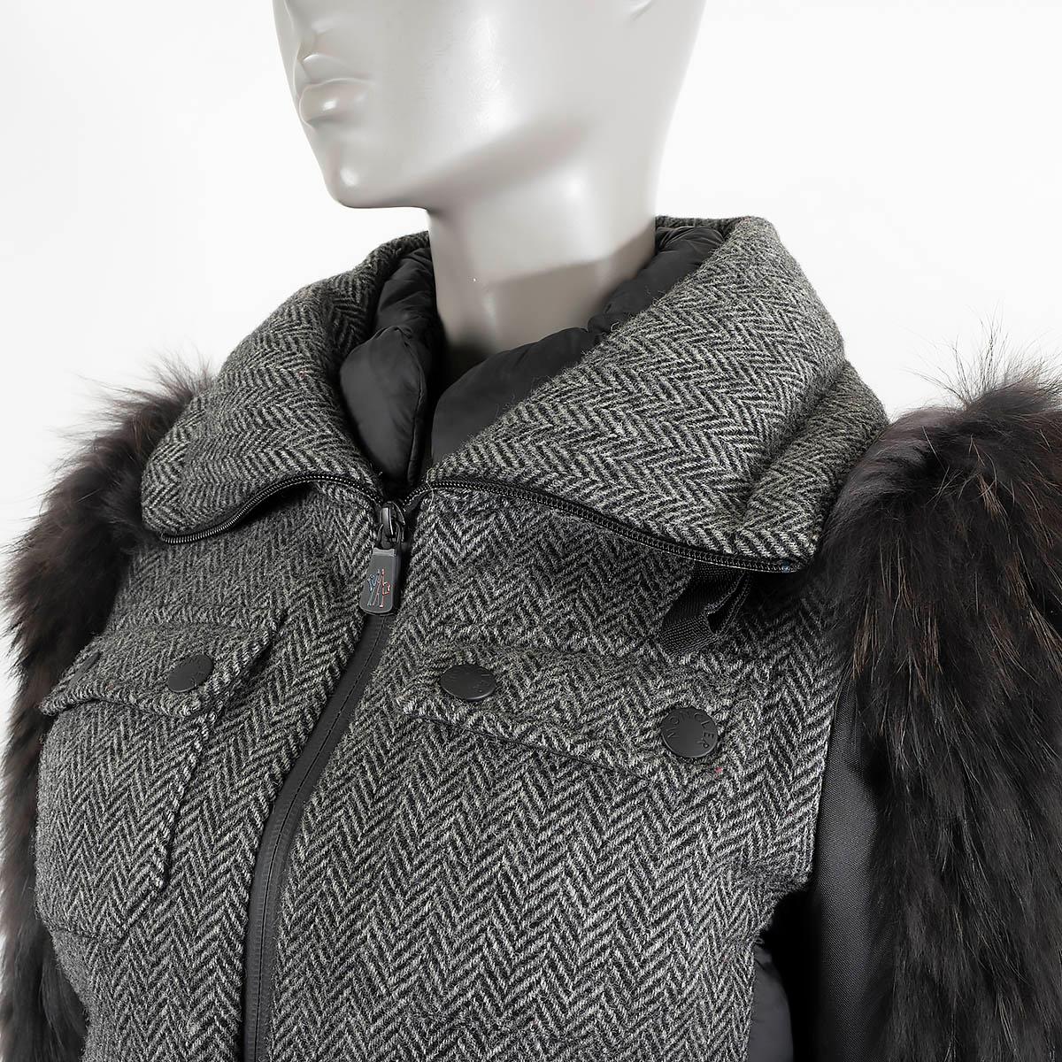 MONCLER GRENOBLE grey FUR SLEEVE HERRINGBONE TWEED Puffer Jacket 0 For Sale 2