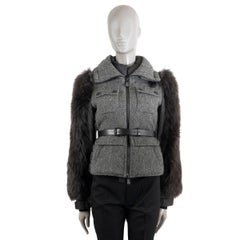 Used MONCLER GRENOBLE grey FUR SLEEVE HERRINGBONE TWEED Puffer Jacket 0