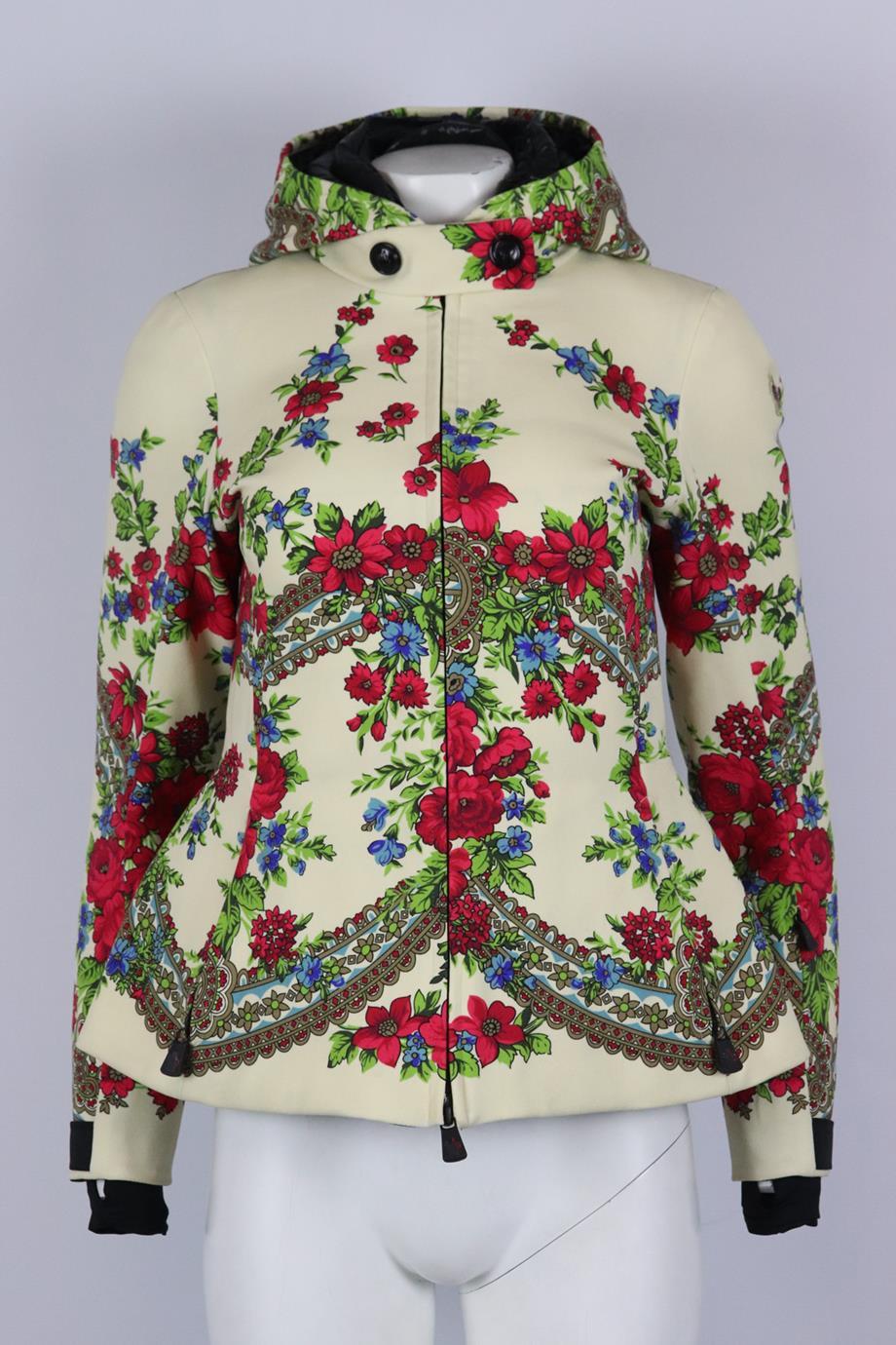 Moncler grenoble hooded floral print stretch twill ski jacket. Multicoloured. Long sleeve, crew neck. Zip fastening at front. 70% Polyamide Nylon, 26% Polyester, 4% Elastane. Size: 1 (UK 8, US 4, FR 36, IT 40) Shoulder to shoulder: 16 in. Bust: 36