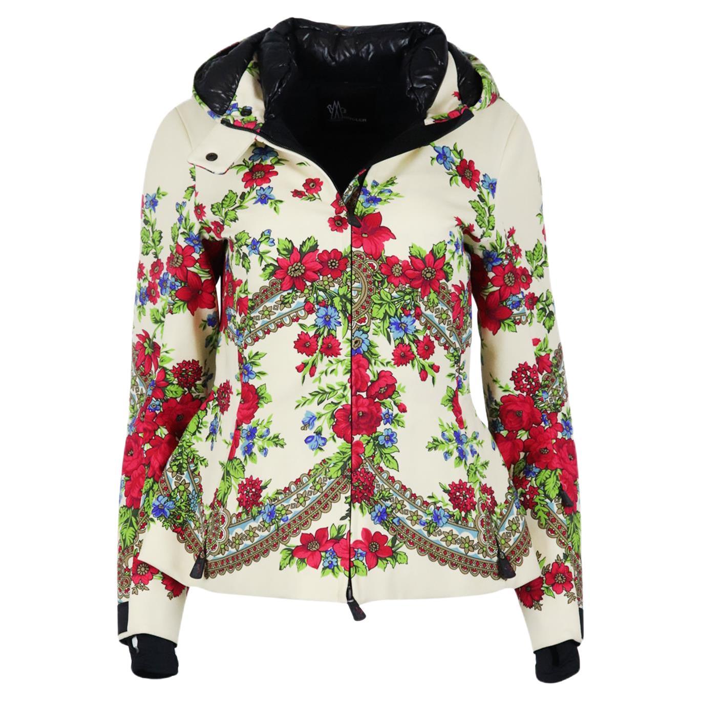 Moncler Grenoble Hooded Floral Print Stretch Twill Ski Jacket Uk 8