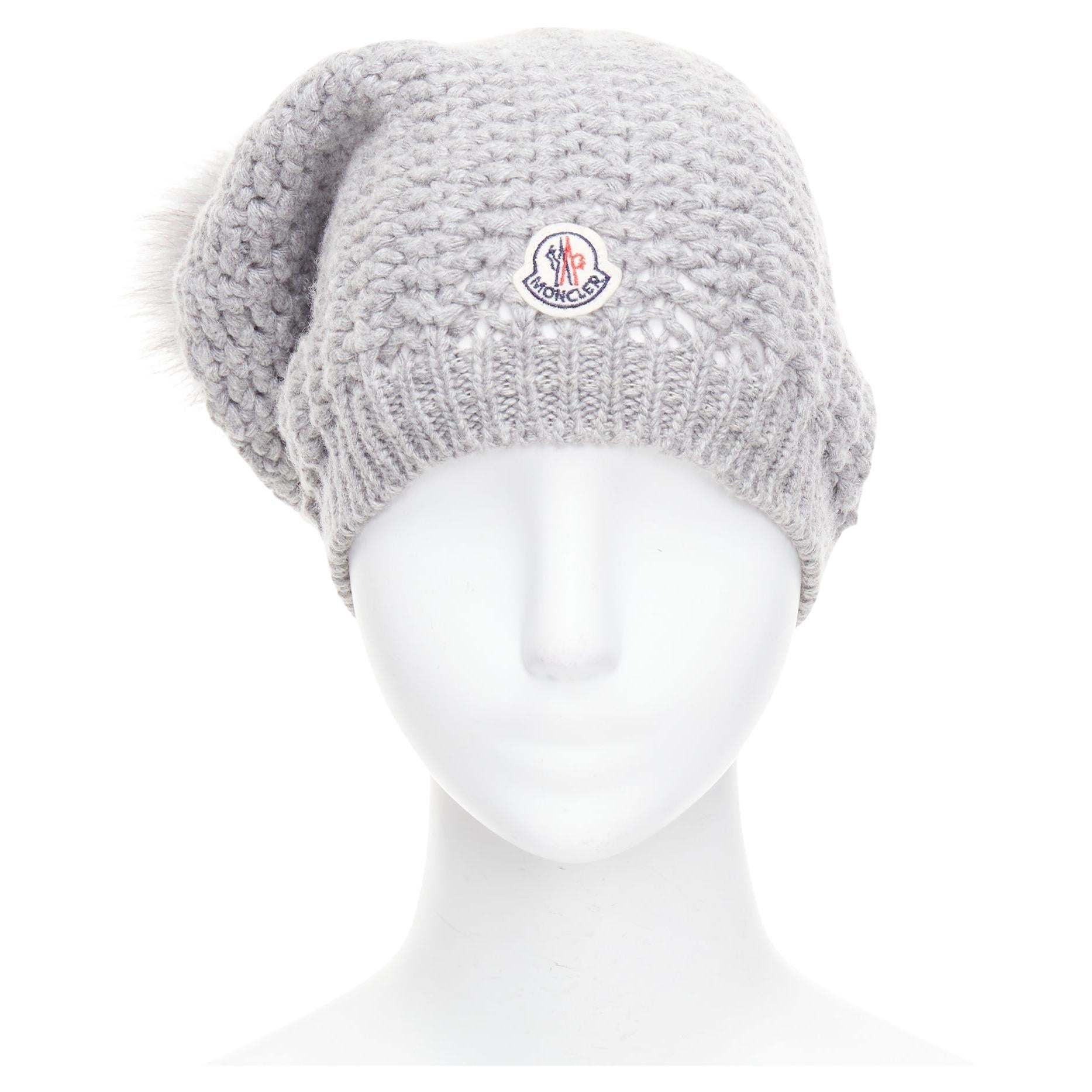 MONCLER grey fur pom pom cream logo heavy knit beanie hat