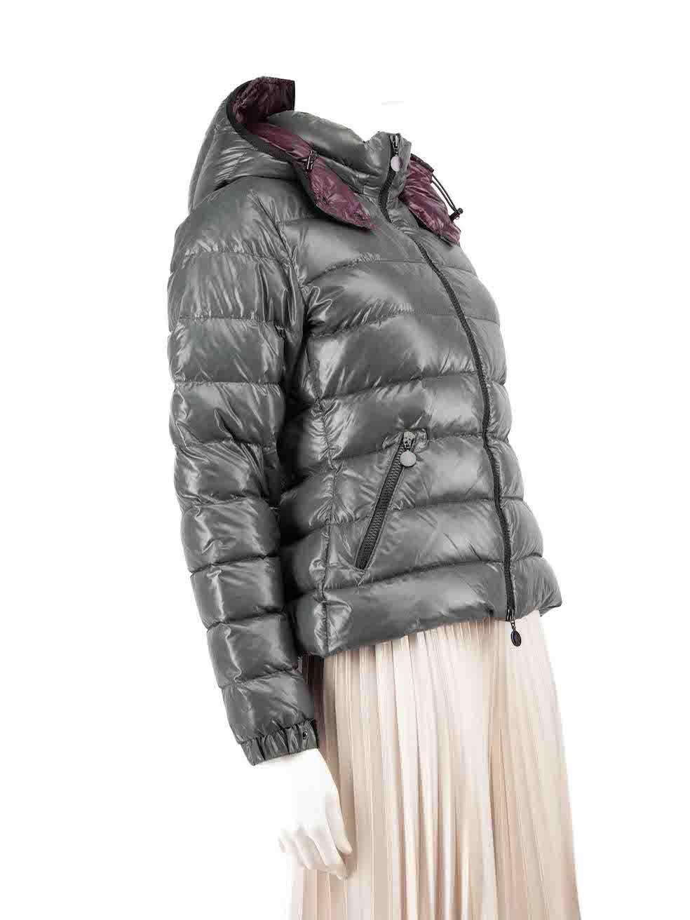CONDITION is Very good. Minimal wear to coat is evident. Minimal wear to the right sleeve with pilling to the elbow and the left sleeve has a pull to the stitching on this used Moncler designer resale item.
 
 Details
 Grey
 Synthetic
 Puffer coat
