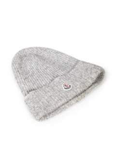 Moncler Grey Wool Ribbed Knit Logo Patch Beanie