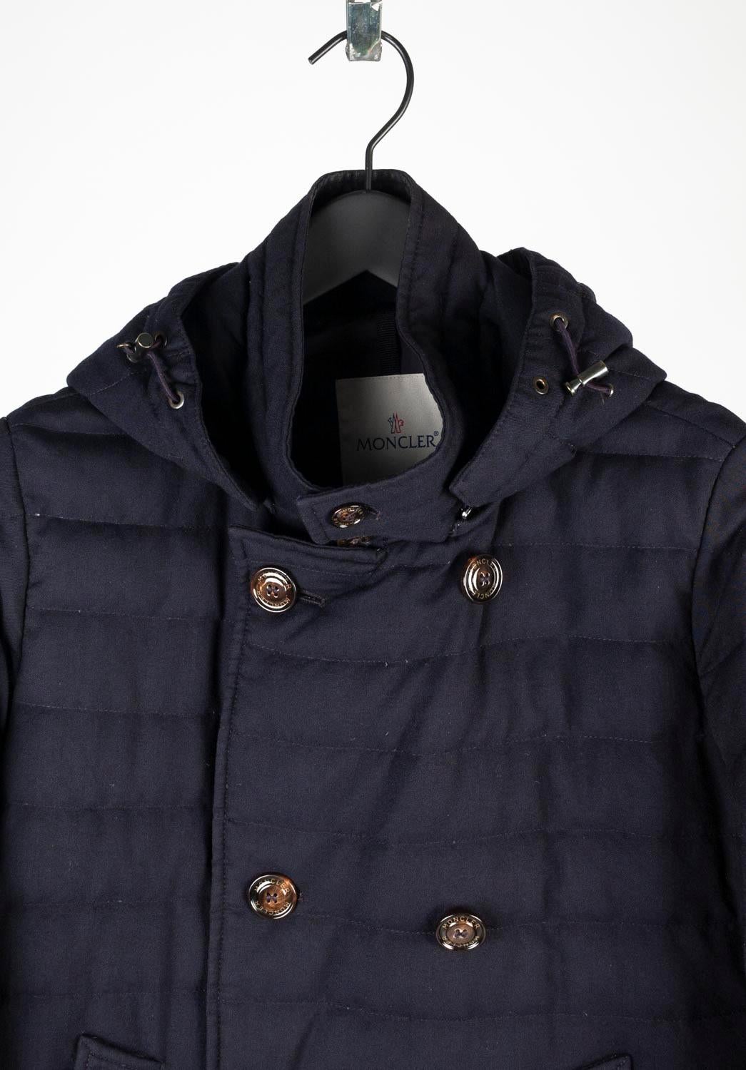 100% genuine Moncler Roux blue down jacket for men, S623 
Color: blue
(An actual color may a bit vary due to individual computer screen interpretation)
Material: 100% wool
Tag size: 2 (Medium)
This jacket is great quality item. Rate 8.5 of 10, very