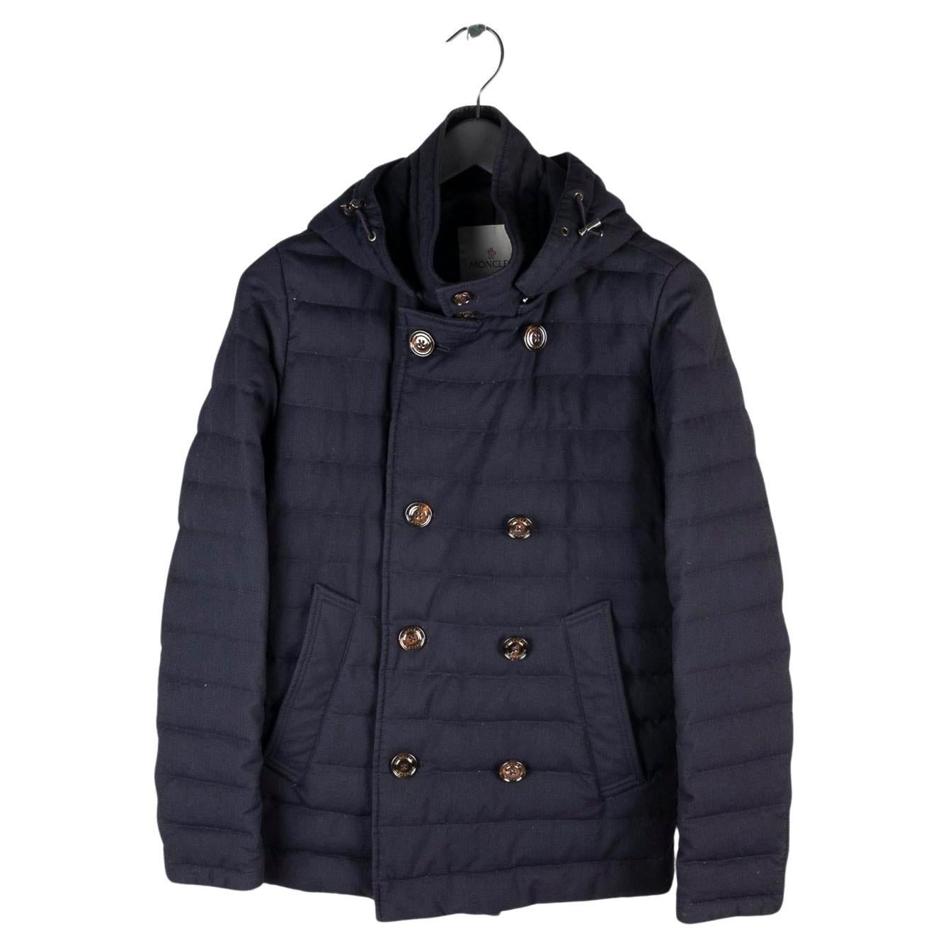 Moncler hooded Roux blue down light jacket for men, Size 2 (M), S623  For Sale