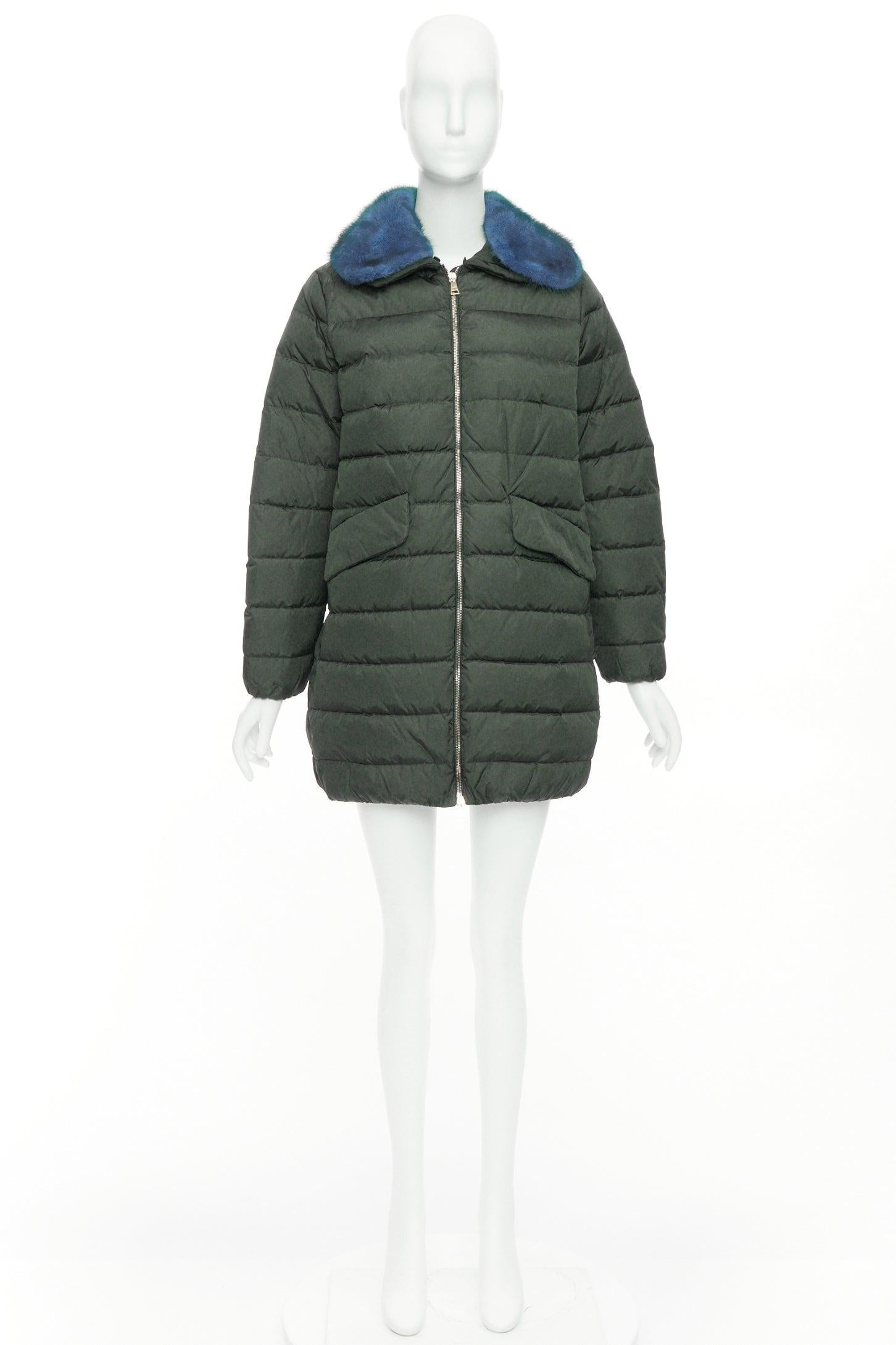 MONCLER Indis Giabotto blue fur collar khaki quilt puffer jacket Sz1 For Sale 5