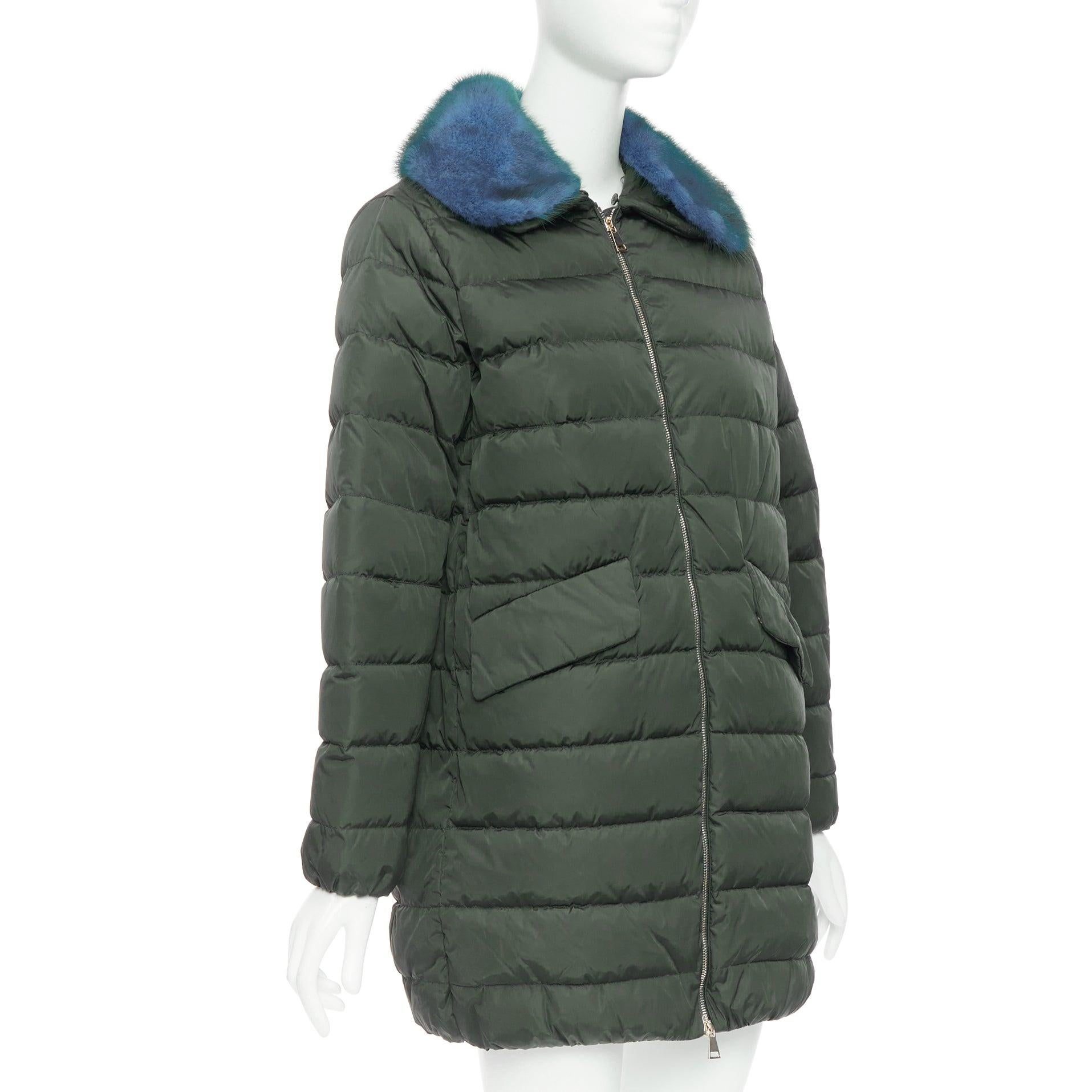 MONCLER Indis Giabotto blue fur collar khaki quilt puffer jacket Sz1 In Excellent Condition For Sale In Hong Kong, NT
