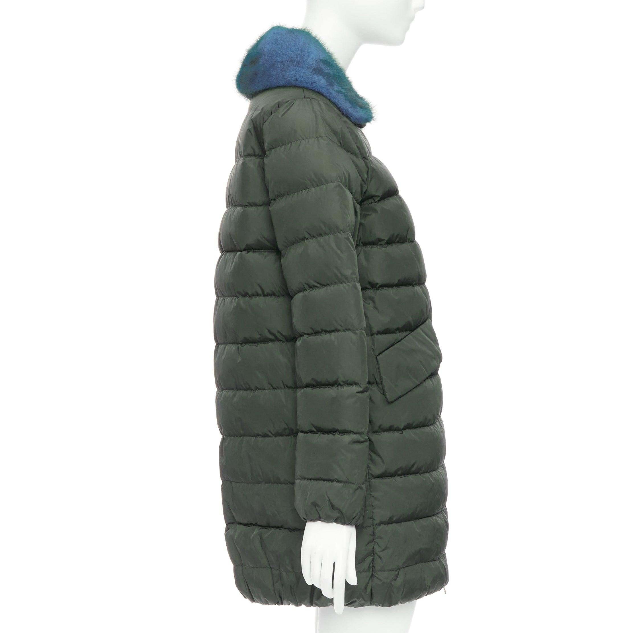 Women's MONCLER Indis Giabotto blue fur collar khaki quilt puffer jacket Sz1 For Sale