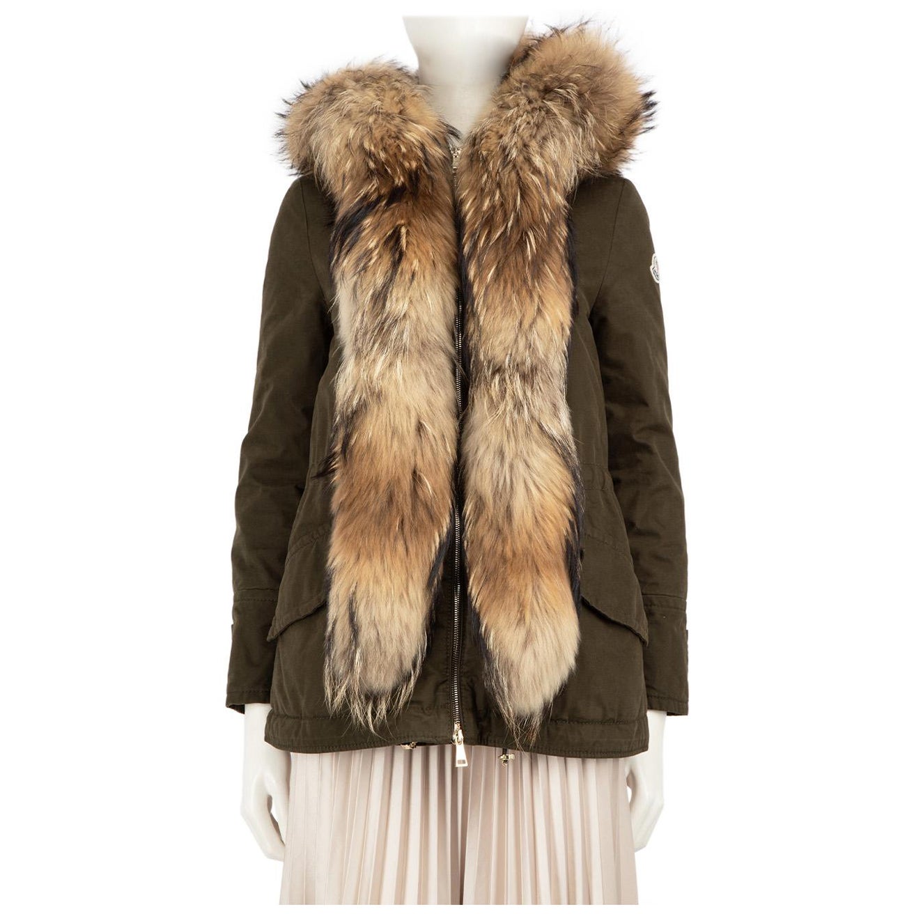 Moncler Khaki Raccoon Fur Collar Parka Coat Size XS
