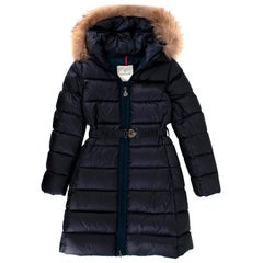 Moncler Kids 12Y Navy Fur Trimmed Belted Down Coat - Size 12 Years