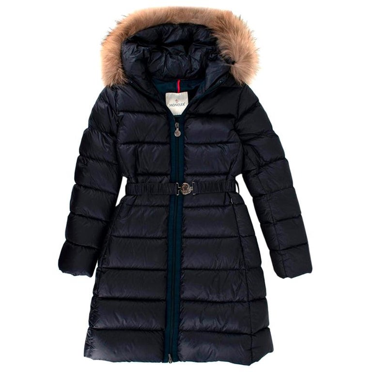 Moncler Kids 12Y Navy Fur Trimmed Belted Down Coat - Size 12 Years at  1stDibs