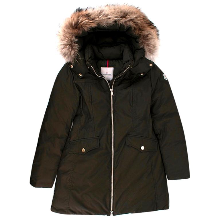 Moncler kids 16Y Green Fur Trimmed Down Coat - Size 16 Years at 1stDibs